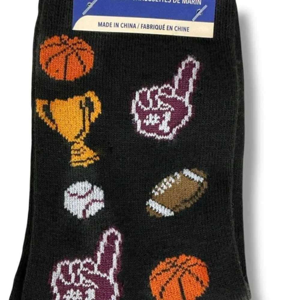 Sports Themed Crew Socks Mens Novelty Print Black Unisex OS Shoe Size 6-12 New